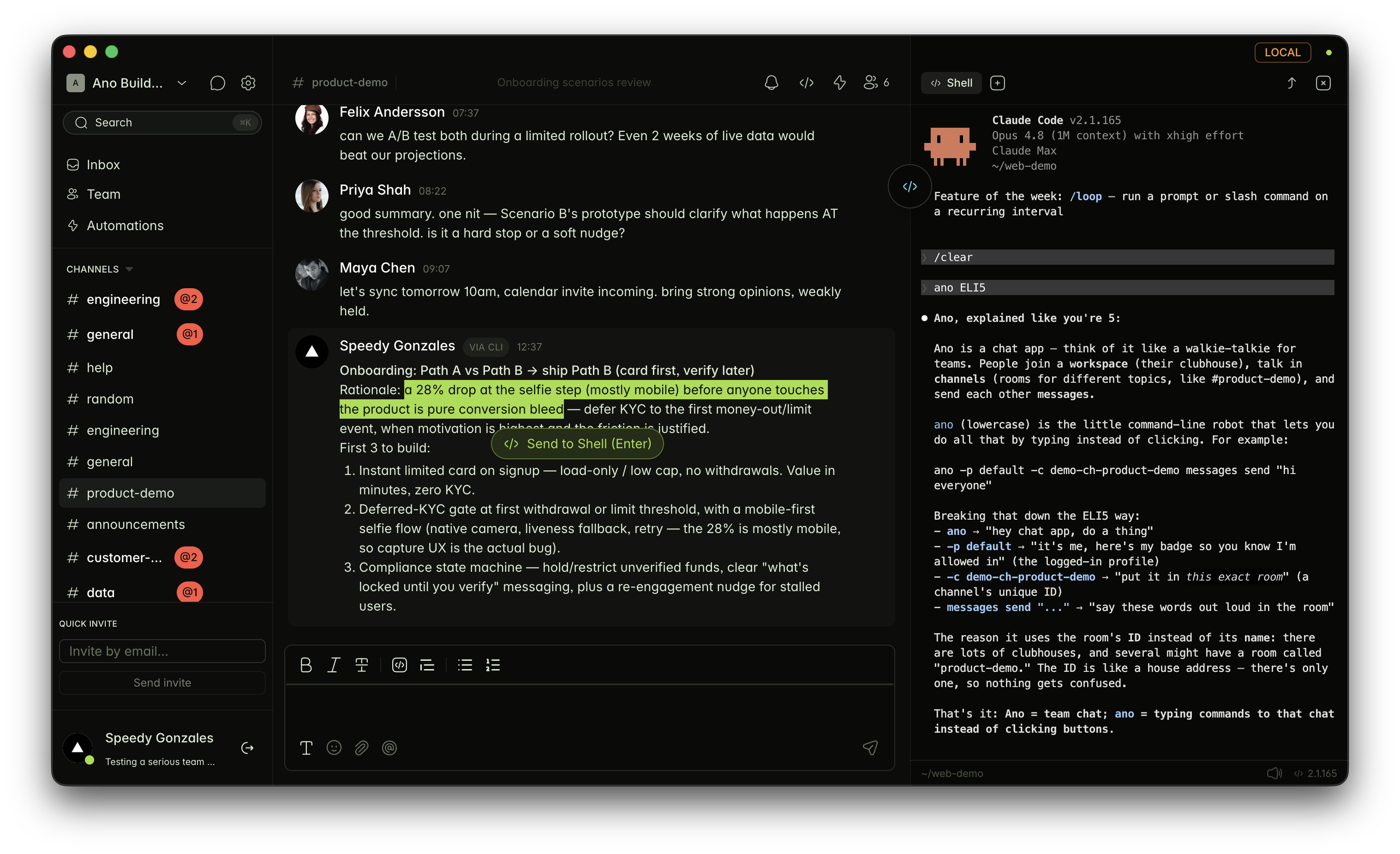 Ano desktop app showing team chat with a Claude Code shell open beside the conversation